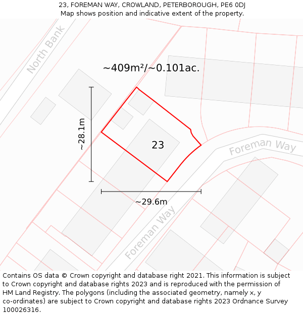 23, FOREMAN WAY, CROWLAND, PETERBOROUGH, PE6 0DJ: Plot and title map