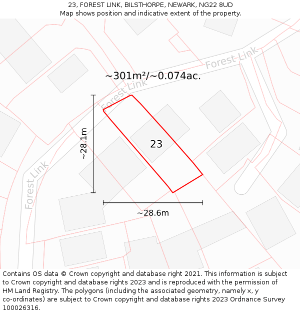 23, FOREST LINK, BILSTHORPE, NEWARK, NG22 8UD: Plot and title map