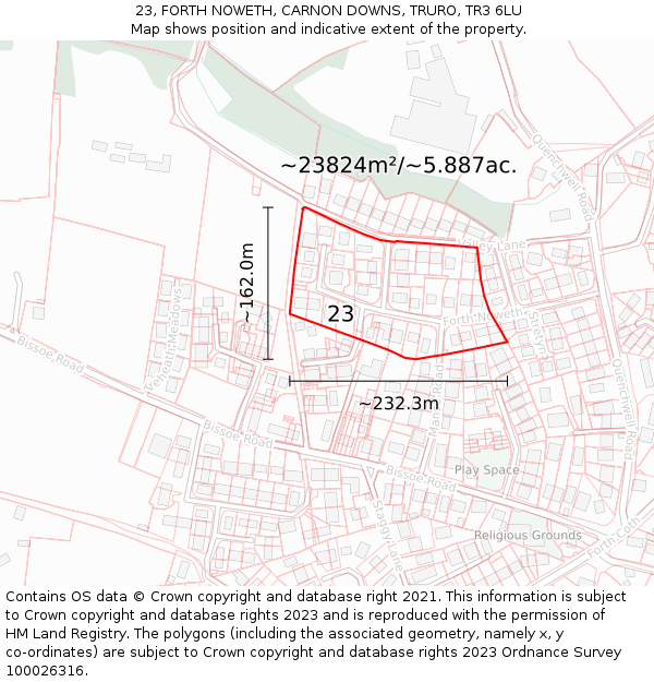 23, FORTH NOWETH, CARNON DOWNS, TRURO, TR3 6LU: Plot and title map