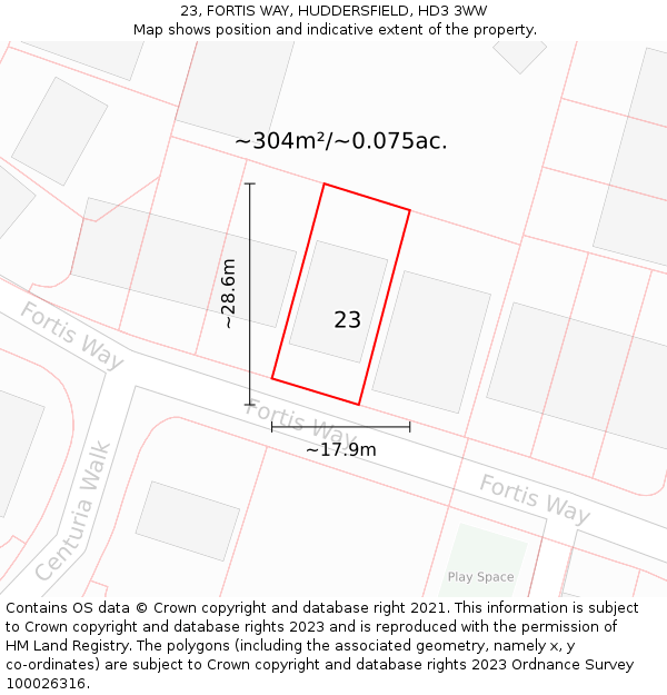 23, FORTIS WAY, HUDDERSFIELD, HD3 3WW: Plot and title map