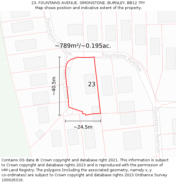 23, FOUNTAINS AVENUE, SIMONSTONE, BURNLEY, BB12 7PY: Plot and title map