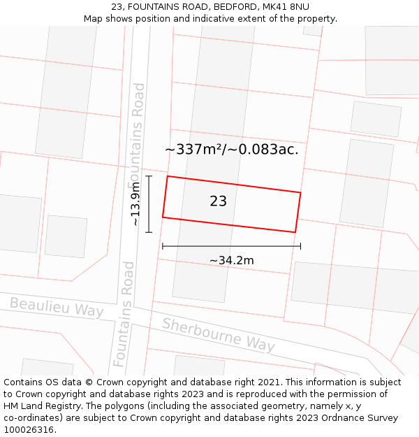 23, FOUNTAINS ROAD, BEDFORD, MK41 8NU: Plot and title map