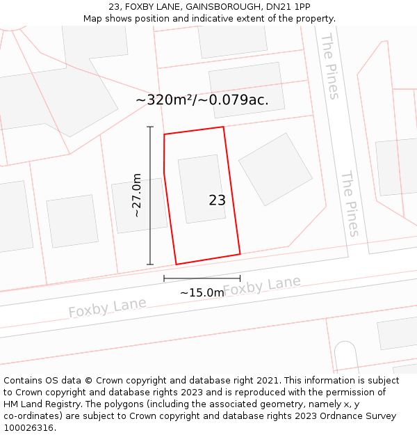 23, FOXBY LANE, GAINSBOROUGH, DN21 1PP: Plot and title map