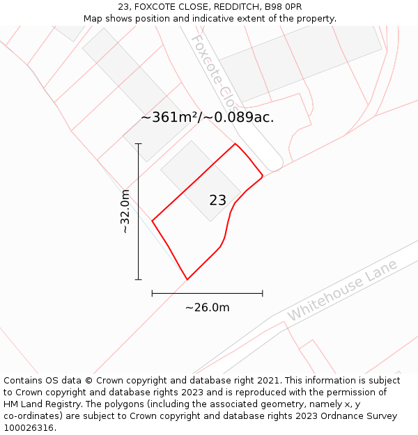 23, FOXCOTE CLOSE, REDDITCH, B98 0PR: Plot and title map