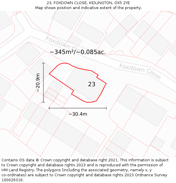 23, FOXDOWN CLOSE, KIDLINGTON, OX5 2YE: Plot and title map