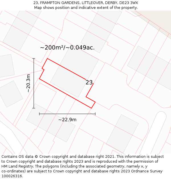 23, FRAMPTON GARDENS, LITTLEOVER, DERBY, DE23 3WX: Plot and title map
