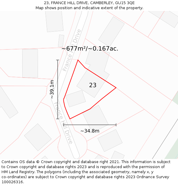 23, FRANCE HILL DRIVE, CAMBERLEY, GU15 3QE: Plot and title map