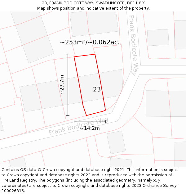 23, FRANK BODICOTE WAY, SWADLINCOTE, DE11 8JX: Plot and title map