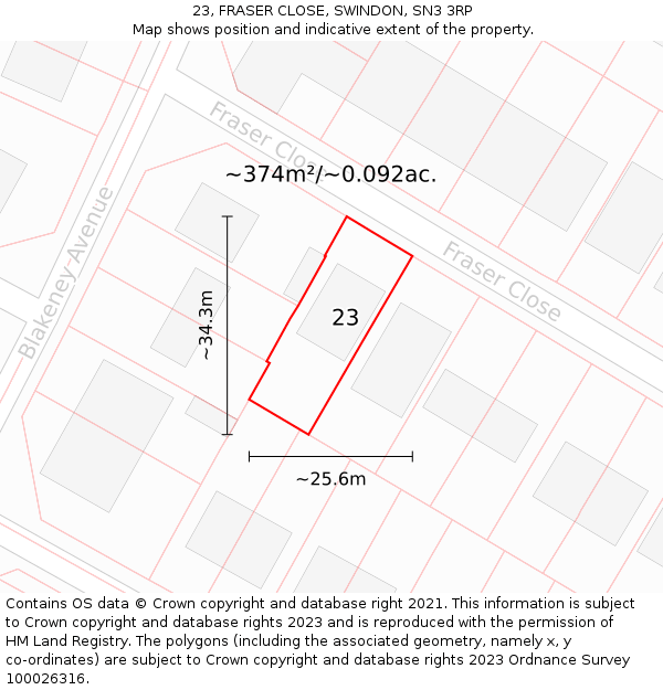 23, FRASER CLOSE, SWINDON, SN3 3RP: Plot and title map