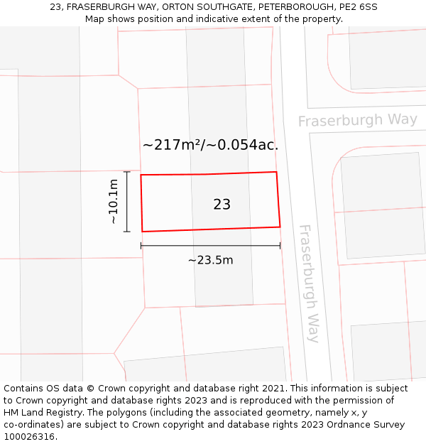 23, FRASERBURGH WAY, ORTON SOUTHGATE, PETERBOROUGH, PE2 6SS: Plot and title map