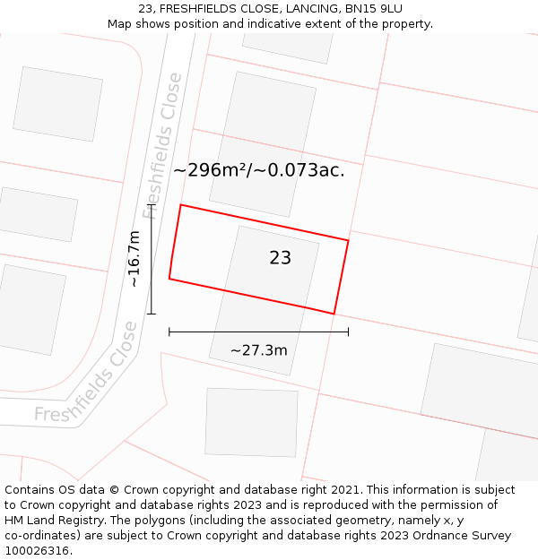 23, FRESHFIELDS CLOSE, LANCING, BN15 9LU: Plot and title map