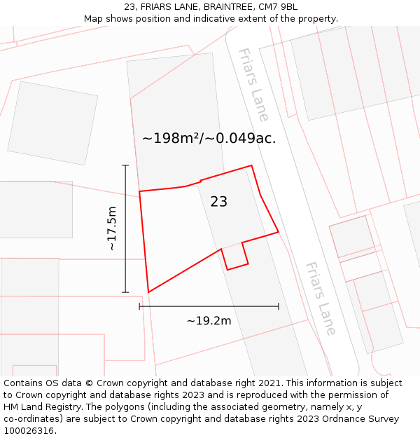 23, FRIARS LANE, BRAINTREE, CM7 9BL: Plot and title map