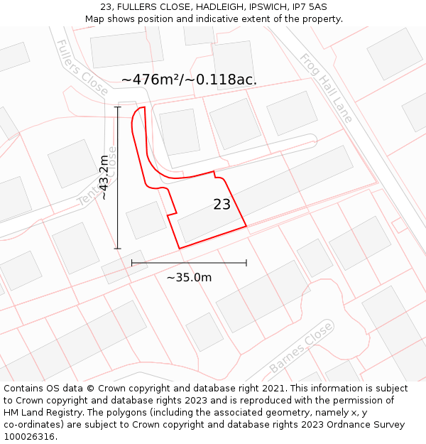 23, FULLERS CLOSE, HADLEIGH, IPSWICH, IP7 5AS: Plot and title map
