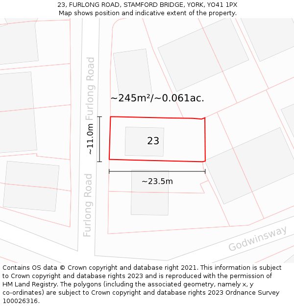 23, FURLONG ROAD, STAMFORD BRIDGE, YORK, YO41 1PX: Plot and title map