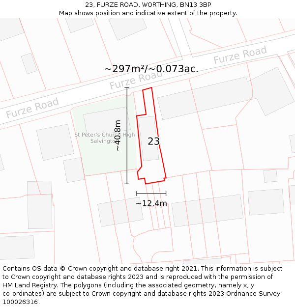 23, FURZE ROAD, WORTHING, BN13 3BP: Plot and title map