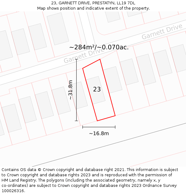 23, GARNETT DRIVE, PRESTATYN, LL19 7DL: Plot and title map
