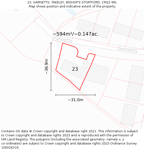 23, GARNETTS, TAKELEY, BISHOP'S STORTFORD, CM22 6RL: Plot and title map