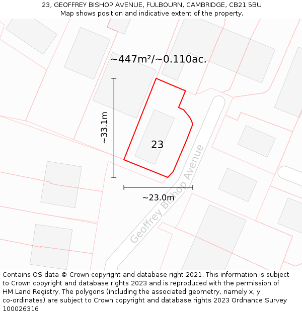 23, GEOFFREY BISHOP AVENUE, FULBOURN, CAMBRIDGE, CB21 5BU: Plot and title map