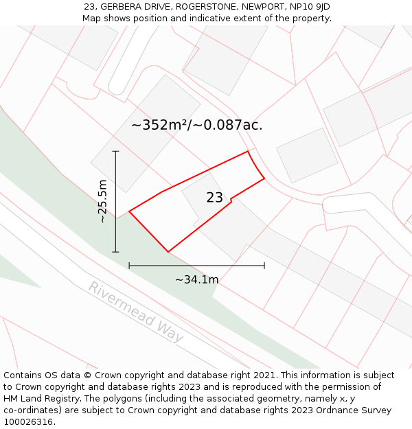 23, GERBERA DRIVE, ROGERSTONE, NEWPORT, NP10 9JD: Plot and title map