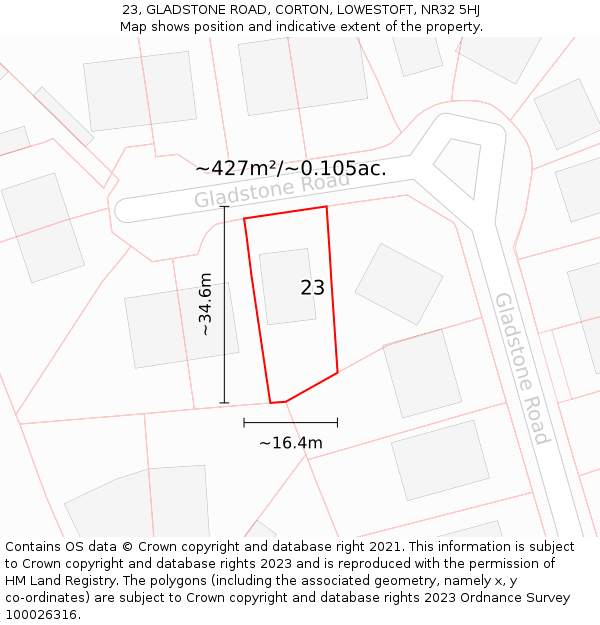 23, GLADSTONE ROAD, CORTON, LOWESTOFT, NR32 5HJ: Plot and title map