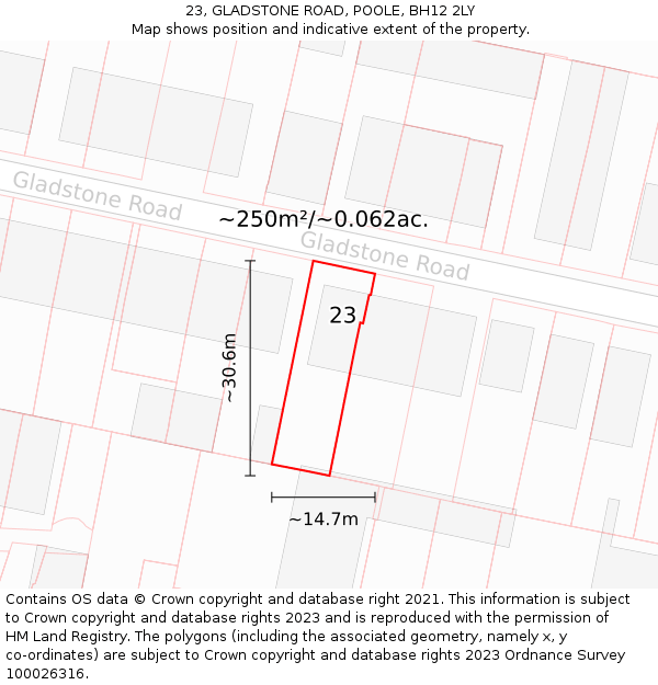 23, GLADSTONE ROAD, POOLE, BH12 2LY: Plot and title map