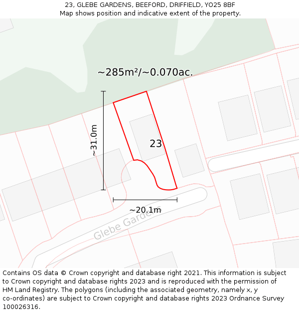 23, GLEBE GARDENS, BEEFORD, DRIFFIELD, YO25 8BF: Plot and title map