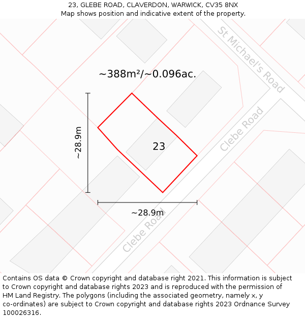 23, GLEBE ROAD, CLAVERDON, WARWICK, CV35 8NX: Plot and title map