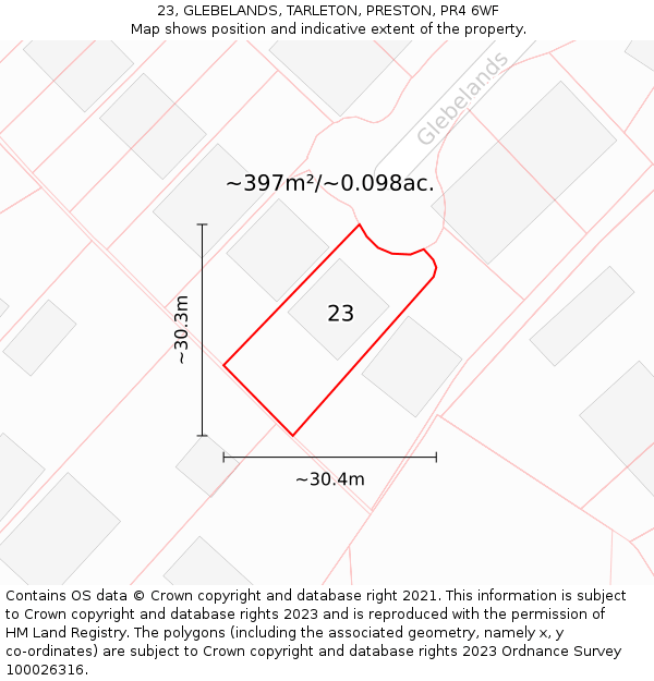 23, GLEBELANDS, TARLETON, PRESTON, PR4 6WF: Plot and title map