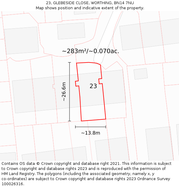 23, GLEBESIDE CLOSE, WORTHING, BN14 7NU: Plot and title map