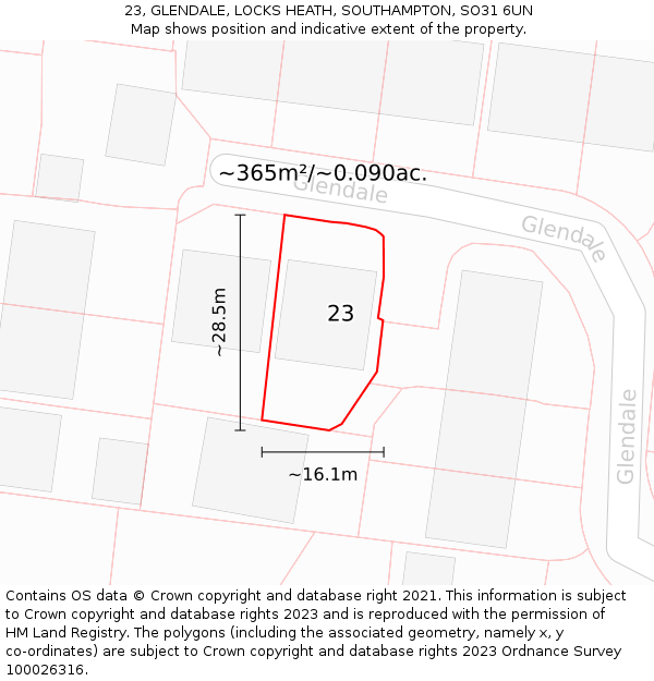 23, GLENDALE, LOCKS HEATH, SOUTHAMPTON, SO31 6UN: Plot and title map