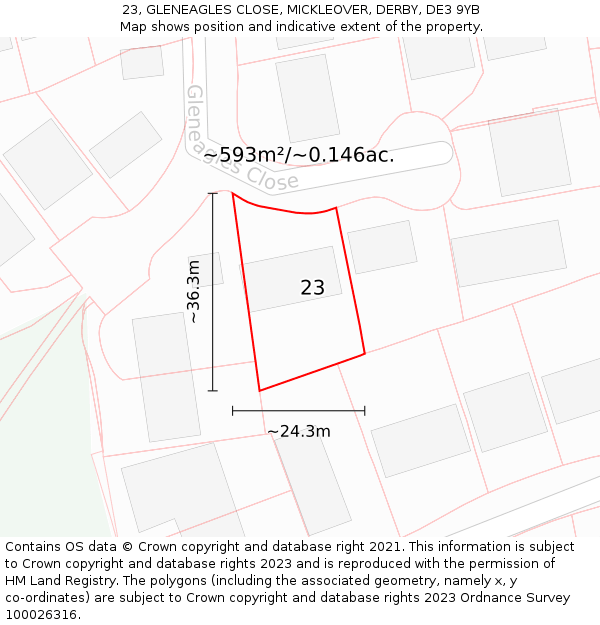 23, GLENEAGLES CLOSE, MICKLEOVER, DERBY, DE3 9YB: Plot and title map