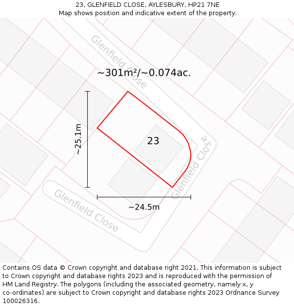 23, GLENFIELD CLOSE, AYLESBURY, HP21 7NE: Plot and title map