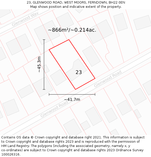 23, GLENWOOD ROAD, WEST MOORS, FERNDOWN, BH22 0EN: Plot and title map