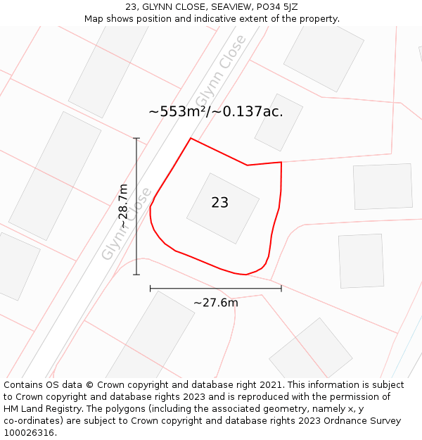 23, GLYNN CLOSE, SEAVIEW, PO34 5JZ: Plot and title map