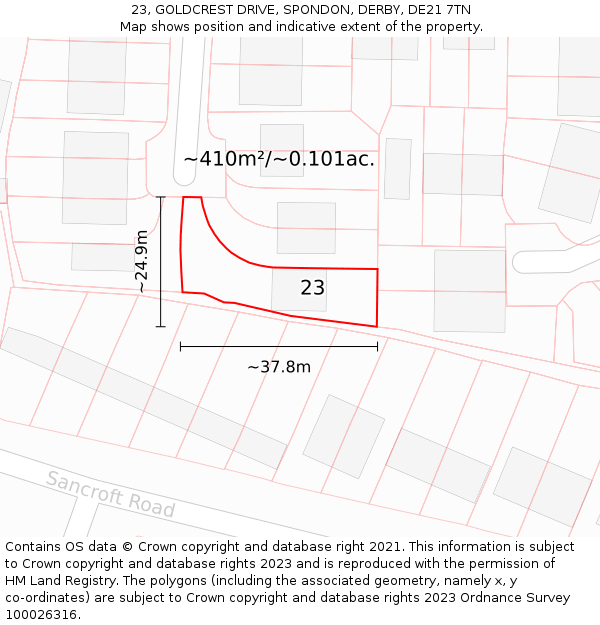 23, GOLDCREST DRIVE, SPONDON, DERBY, DE21 7TN: Plot and title map