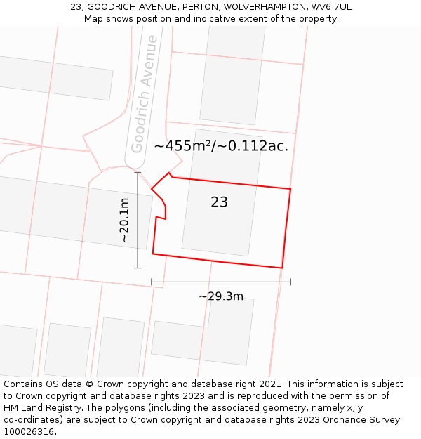 23, GOODRICH AVENUE, PERTON, WOLVERHAMPTON, WV6 7UL: Plot and title map