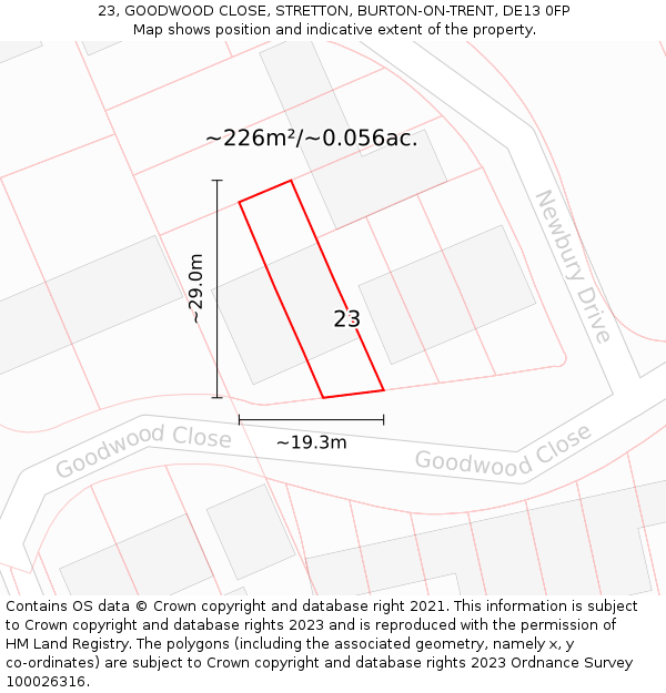 23, GOODWOOD CLOSE, STRETTON, BURTON-ON-TRENT, DE13 0FP: Plot and title map