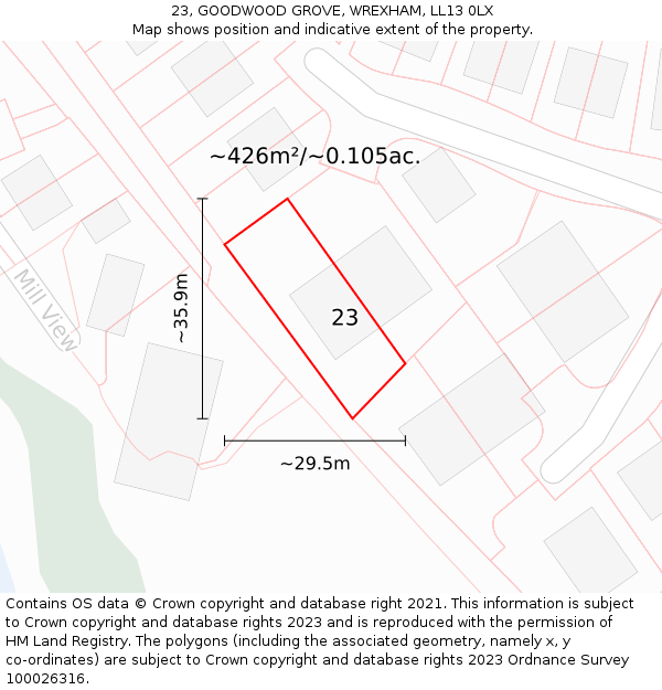 23, GOODWOOD GROVE, WREXHAM, LL13 0LX: Plot and title map