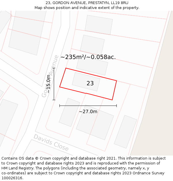 23, GORDON AVENUE, PRESTATYN, LL19 8RU: Plot and title map