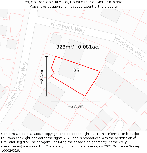 23, GORDON GODFREY WAY, HORSFORD, NORWICH, NR10 3SG: Plot and title map