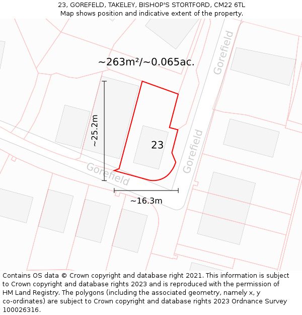 23, GOREFELD, TAKELEY, BISHOP'S STORTFORD, CM22 6TL: Plot and title map