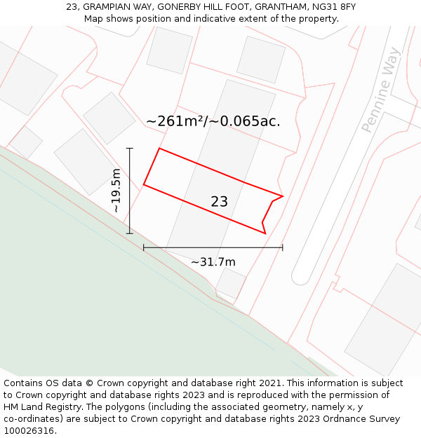 23, GRAMPIAN WAY, GONERBY HILL FOOT, GRANTHAM, NG31 8FY: Plot and title map