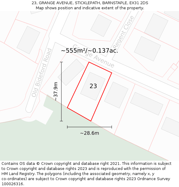 23, GRANGE AVENUE, STICKLEPATH, BARNSTAPLE, EX31 2DS: Plot and title map