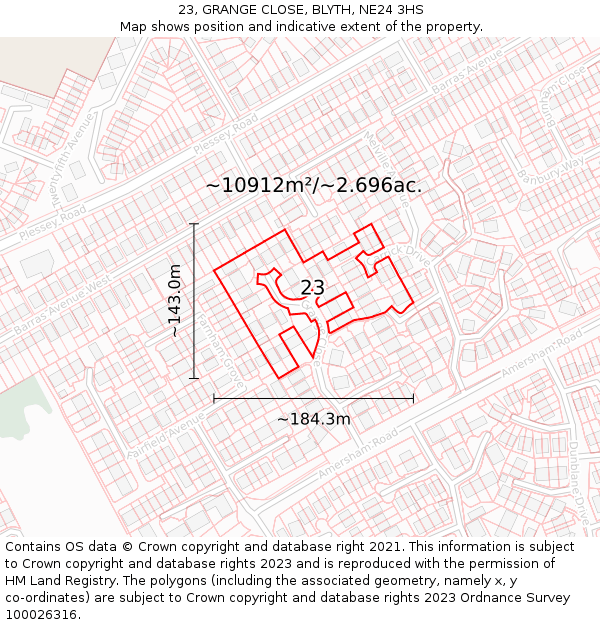 23, GRANGE CLOSE, BLYTH, NE24 3HS: Plot and title map