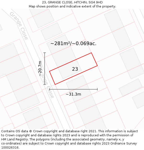 23, GRANGE CLOSE, HITCHIN, SG4 9HD: Plot and title map