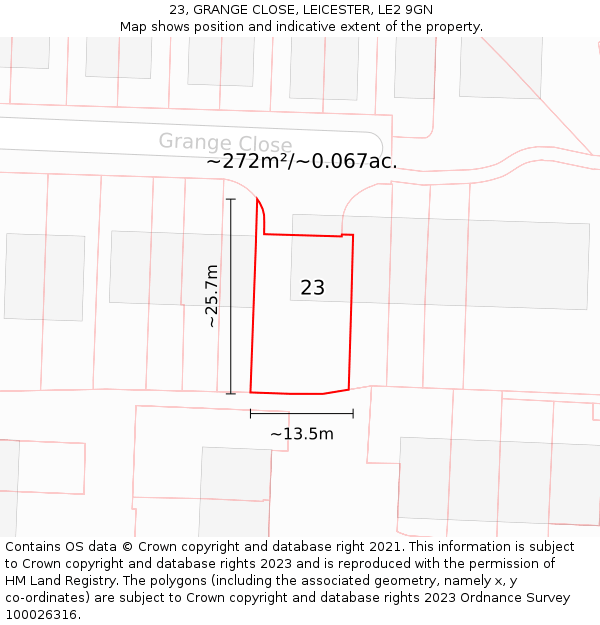23, GRANGE CLOSE, LEICESTER, LE2 9GN: Plot and title map