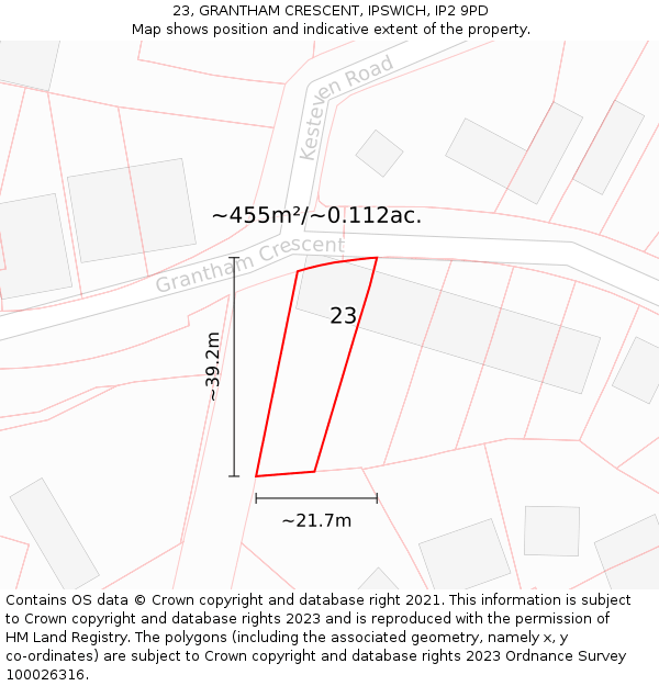 23, GRANTHAM CRESCENT, IPSWICH, IP2 9PD: Plot and title map