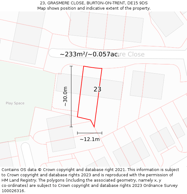 23, GRASMERE CLOSE, BURTON-ON-TRENT, DE15 9DS: Plot and title map