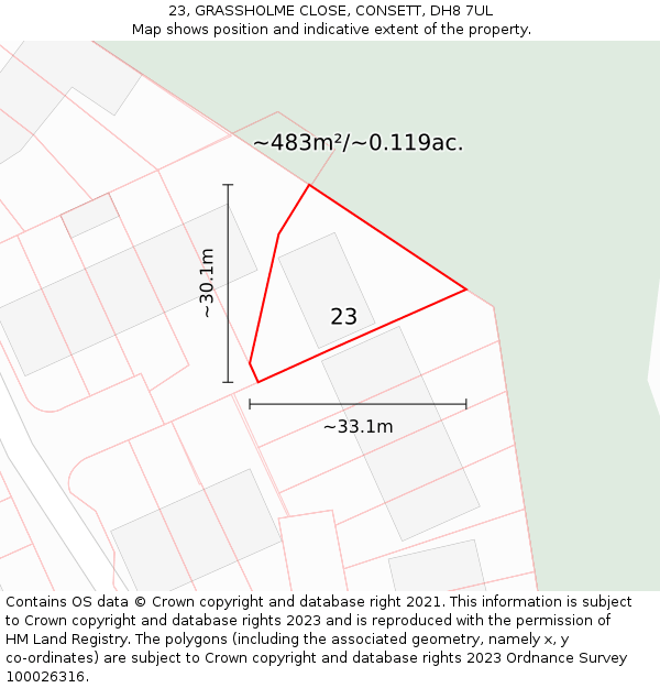 23, GRASSHOLME CLOSE, CONSETT, DH8 7UL: Plot and title map