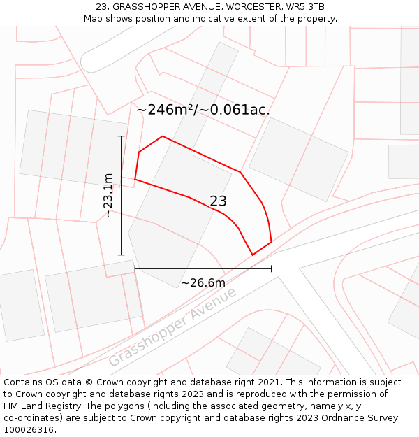 23, GRASSHOPPER AVENUE, WORCESTER, WR5 3TB: Plot and title map